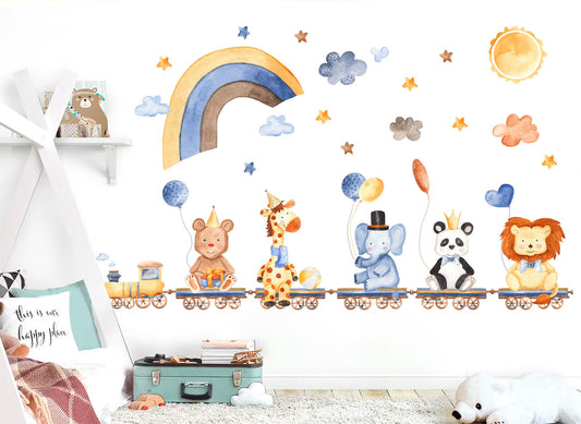 Animal Train Adventure: Bears, Giraffes, Lions, Pandas, Elephants on Train with Balloons under Starry Sky - BR088