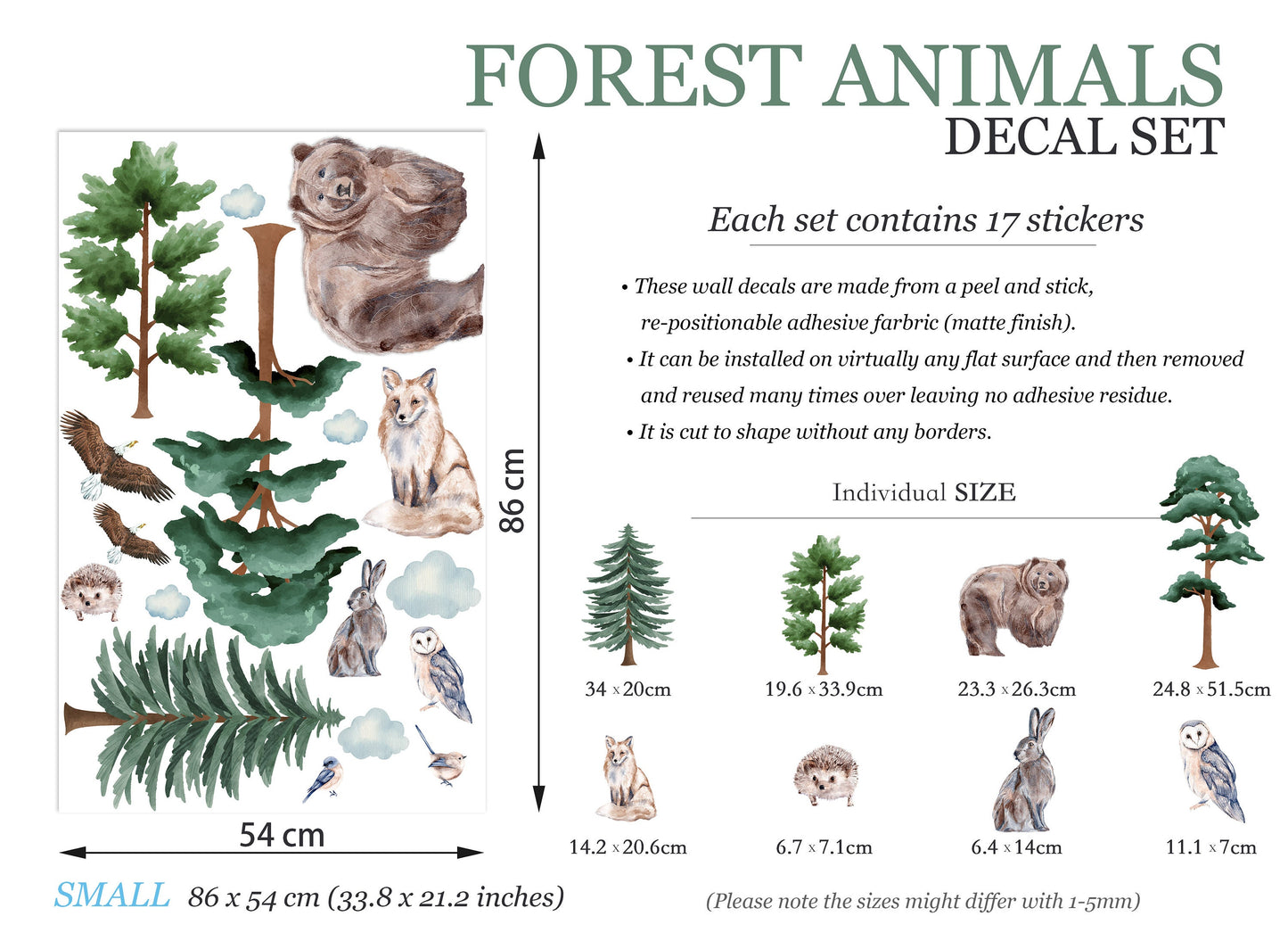 Woodland Friends Gathering: Bear, Fox, Rabbit, Hedgehog, Eagle, Owl Wall Decal - BR089