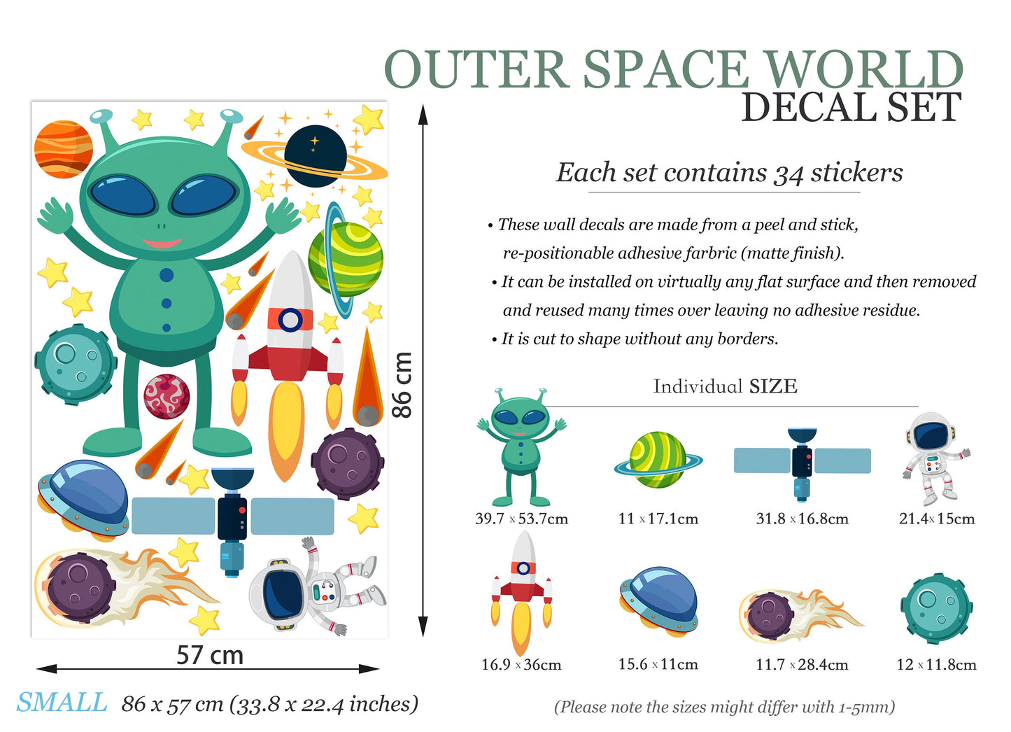 Alien Adventure Wall Decals: Astronauts, Planets, Rockets, UFOs, Satellites, Comets - BR078