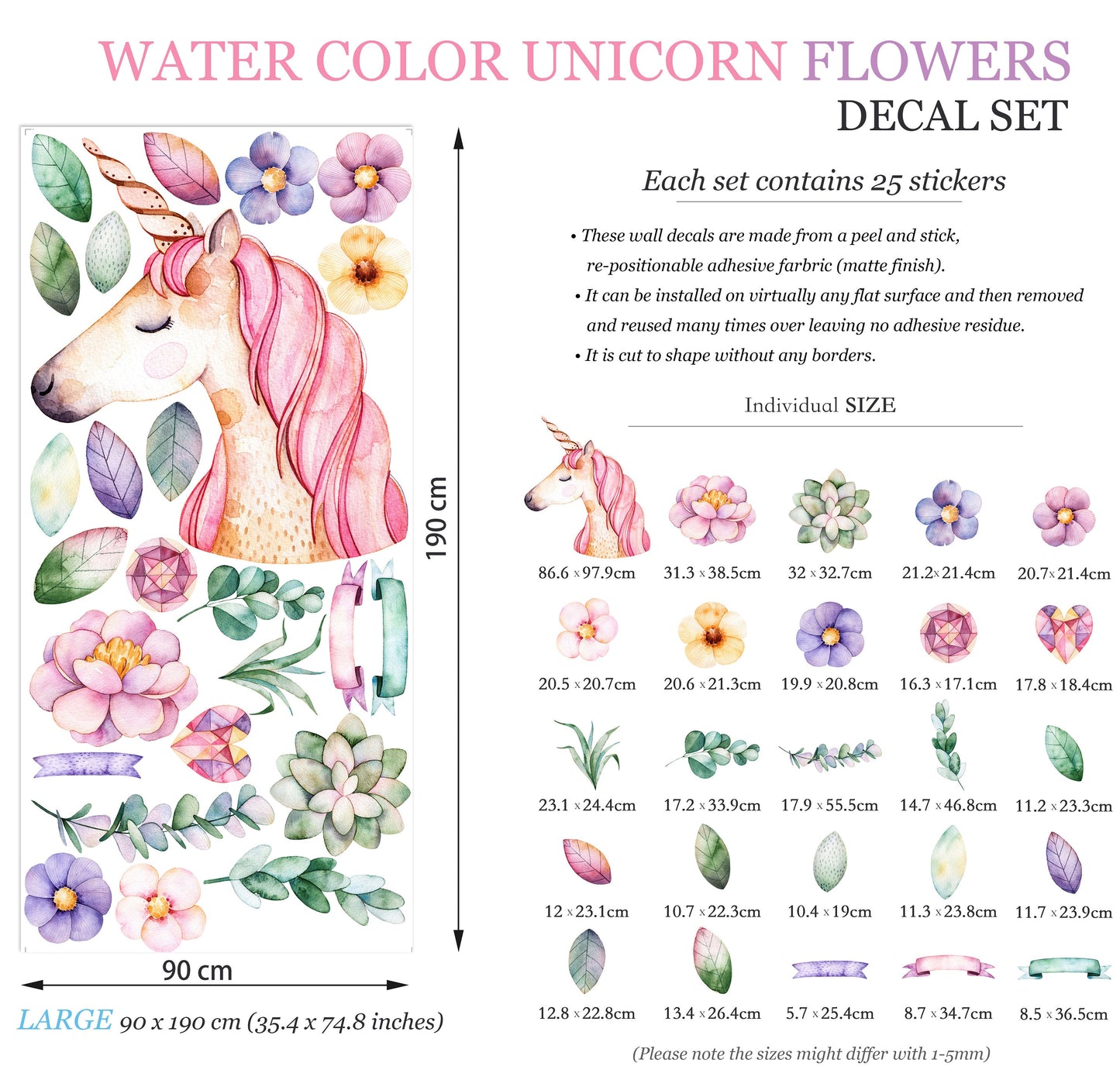 Dream Unicorn with Flowers Wall Stickers for Girls Room - BR004