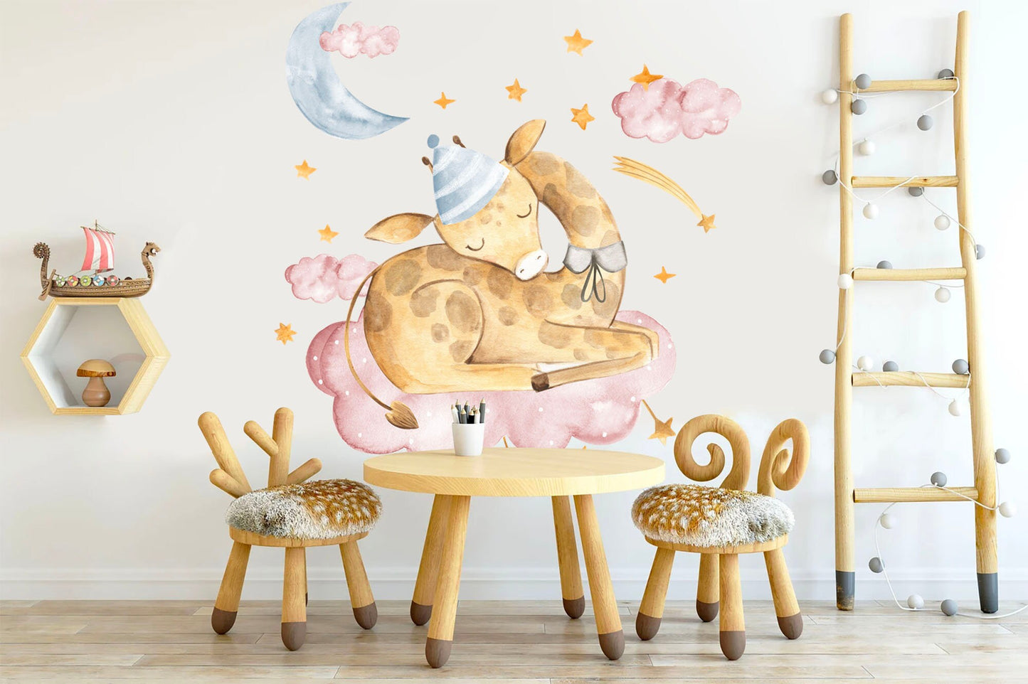 Sleeping Giraffe on Pink Cloud Wall Decals - Moon, Stars, Watercolor Style - Girls' Room Decor - BR064
