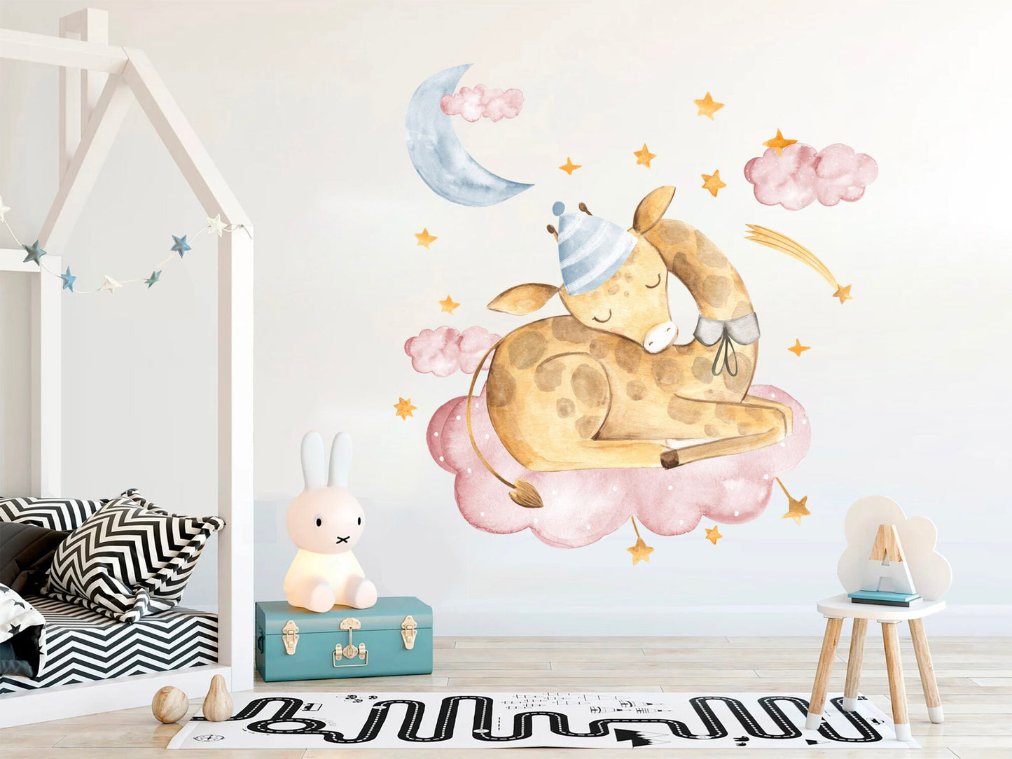 Sleeping Giraffe on Pink Cloud Wall Decals - Moon, Stars, Watercolor Style - Girls' Room Decor - BR064