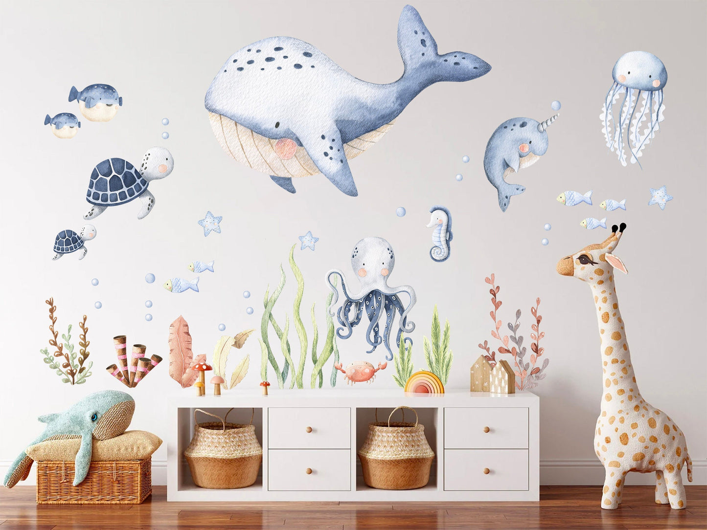 Underwater World Baby Marine Life Wall Decal - Orca Narwhal Sea Turtle Octopus Jellyfish Seahorse Seaweed - BR095