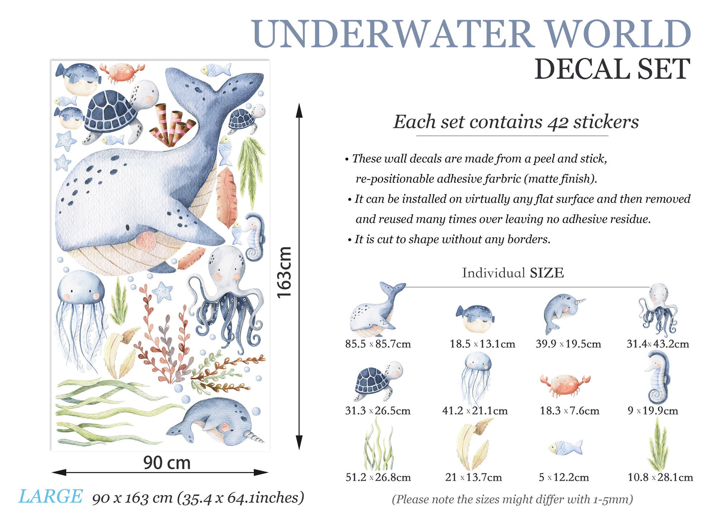 Underwater World Baby Marine Life Wall Decal - Orca Narwhal Sea Turtle Octopus Jellyfish Seahorse Seaweed - BR095