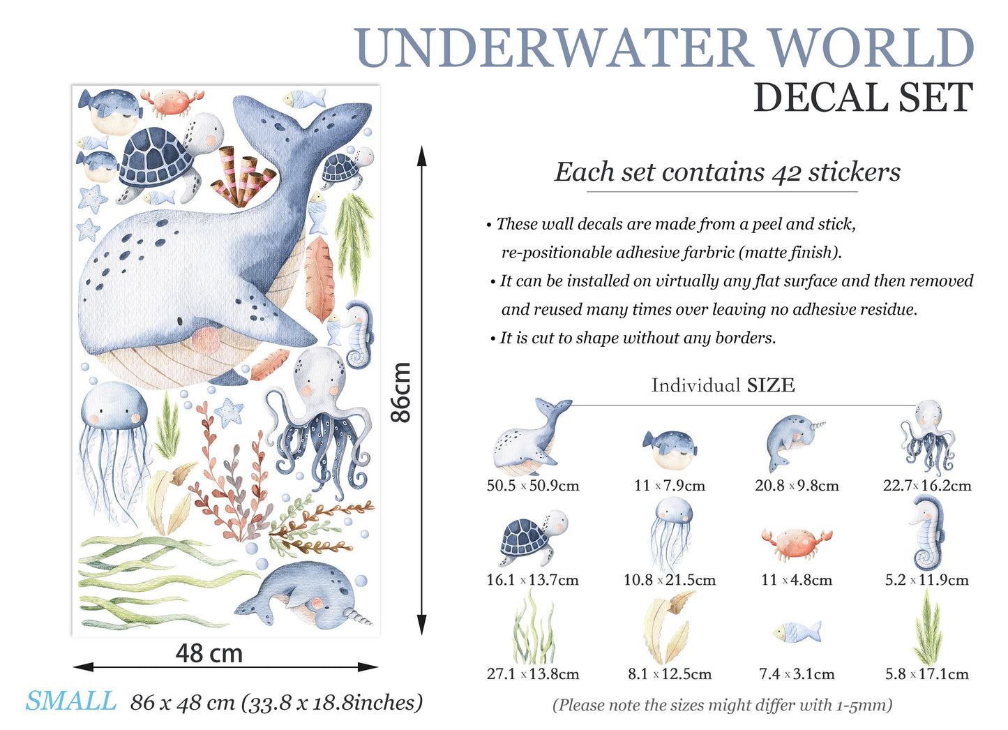 Underwater World Baby Marine Life Wall Decal - Orca Narwhal Sea Turtle Octopus Jellyfish Seahorse Seaweed - BR095