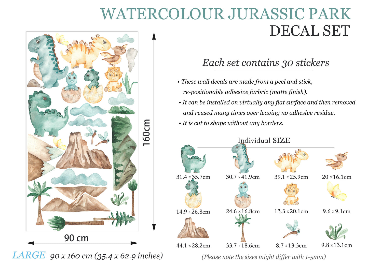Watercolour Jurassic Park Volcano Wall Decal - Removable Decal for Baby Room - BR096