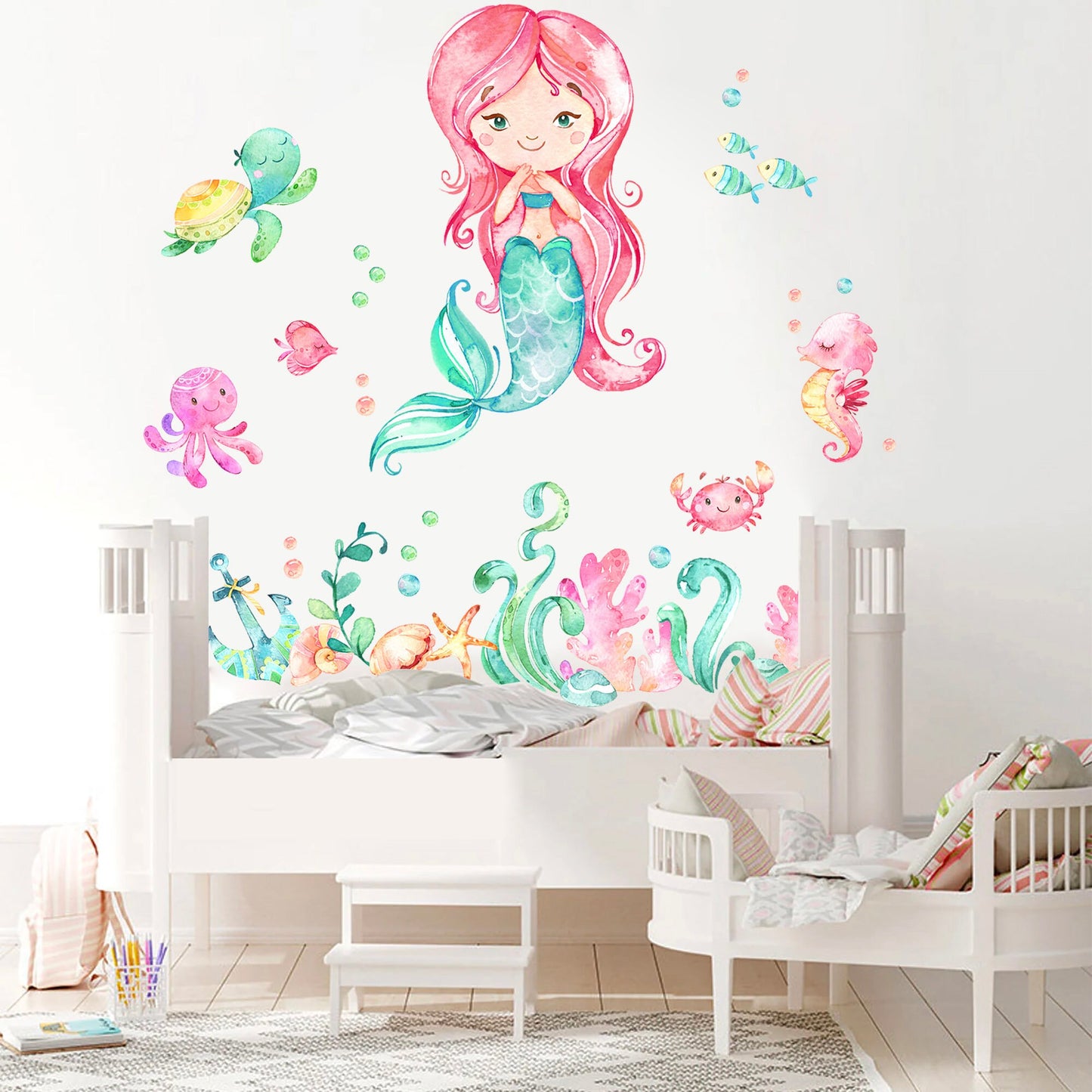 Baby Mermaid with Pink Hair and Sea Creature Friends Wall Decal - BR068