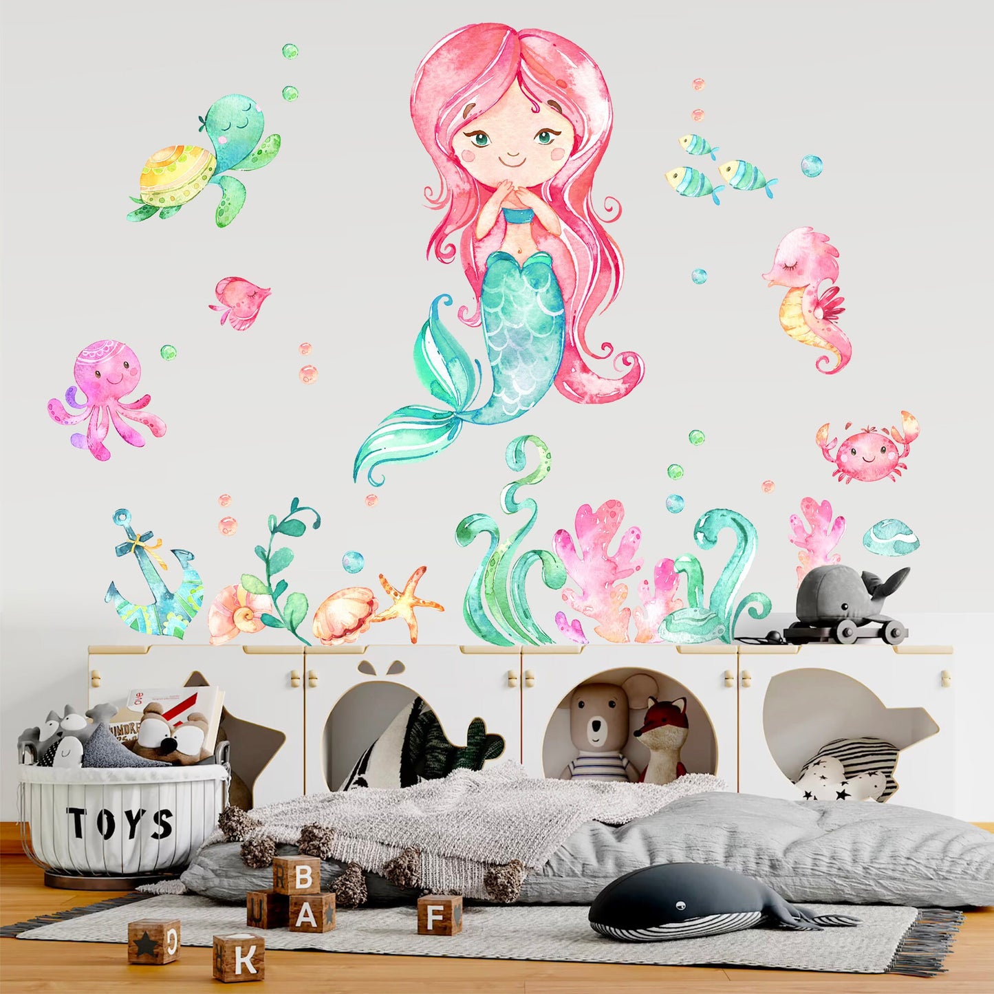 Baby Mermaid with Pink Hair and Sea Creature Friends Wall Decal - BR068