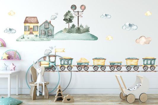 Watercolor Freight and Steam Locomotive Train with Traffic Lights, Houses, and Trees Wall Decal - BR071