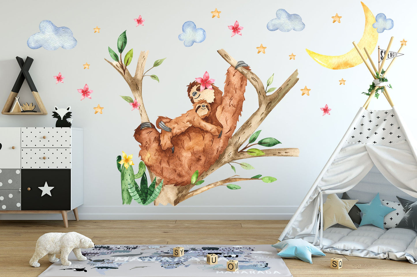 Sloth and Baby on Tree Branch with Moon, Clouds, and Stars Wall Decal - BR070