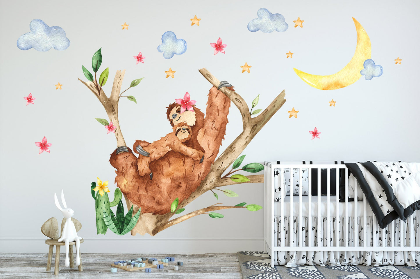 Sloth and Baby on Tree Branch with Moon, Clouds, and Stars Wall Decal - BR070