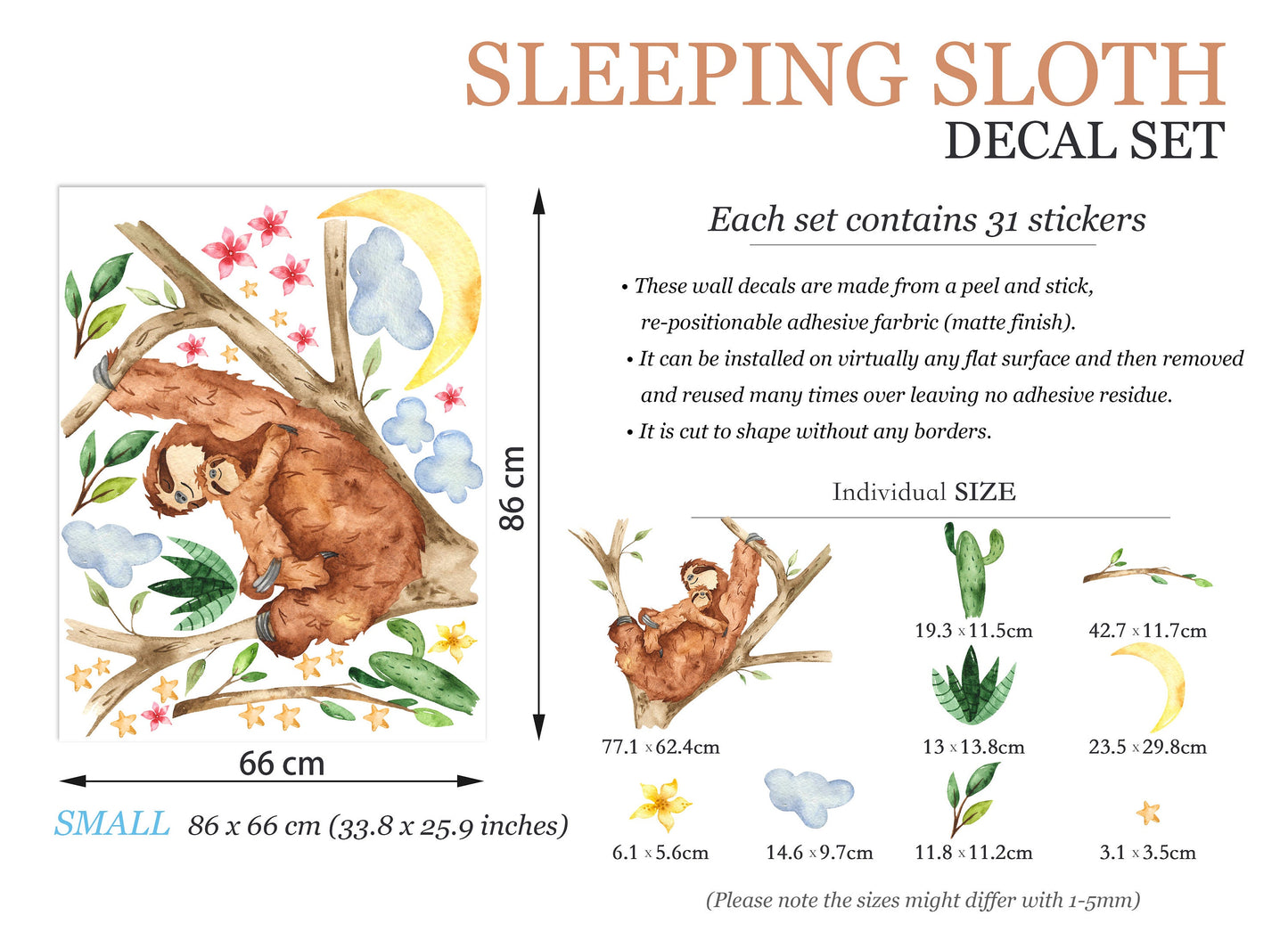 Sloth and Baby on Tree Branch with Moon, Clouds, and Stars Wall Decal - BR070