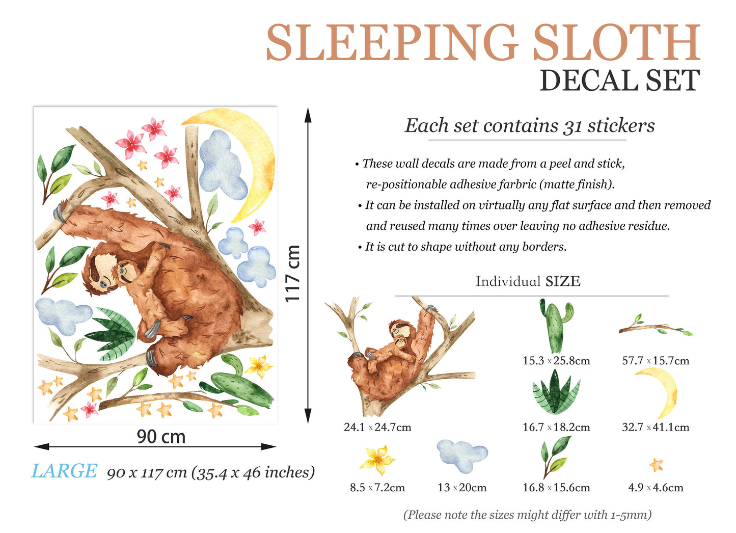 Sloth and Baby on Tree Branch with Moon, Clouds, and Stars Wall Decal - BR070