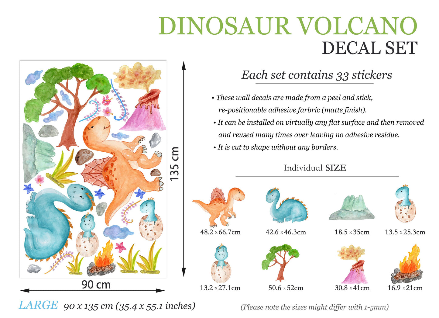 Dinosaur World Wall Decals: Colorful Dinosaurs, Volcano, Trees, Campfire, Hatching Babies Dinos - BR079
