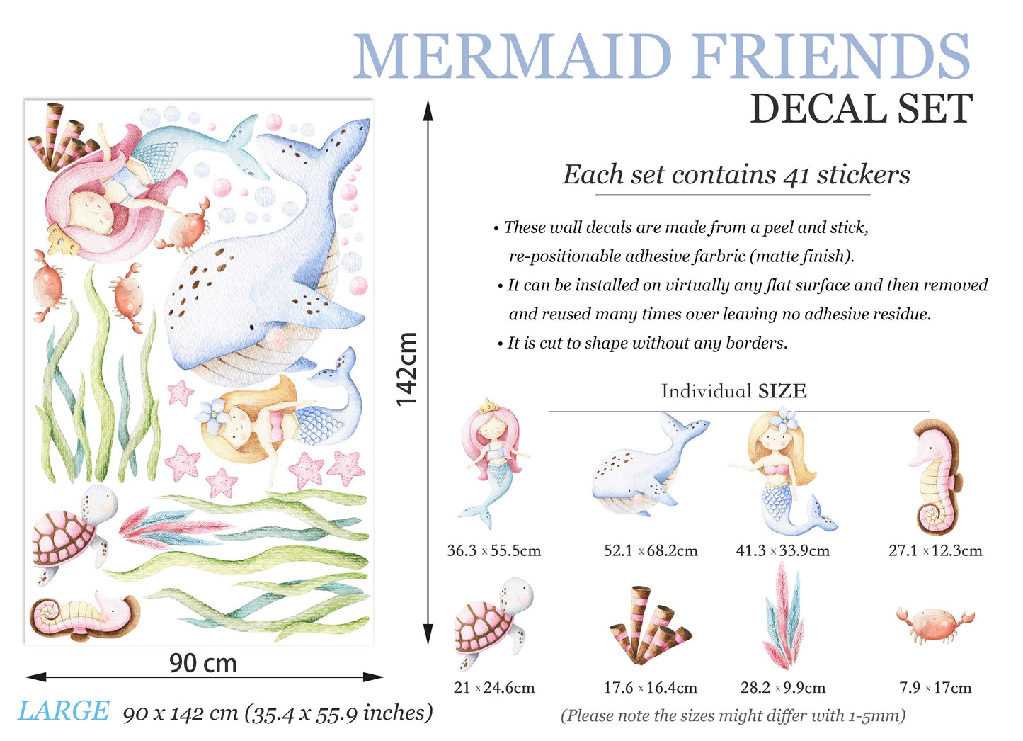 Undersea Wonderland Wall Decal - Whale Mermaid Seahorse and Seaweeds Playful Scene for Kids Room Decor - BR101