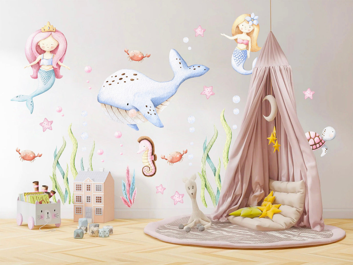 Undersea Wonderland Wall Decal - Whale Mermaid Seahorse and Seaweeds Playful Scene for Kids Room Decor - BR101