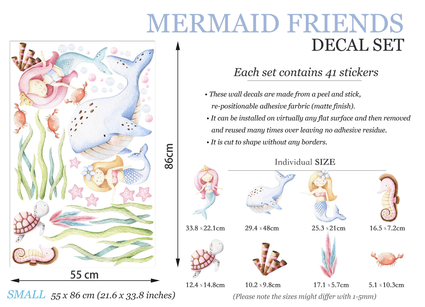 Undersea Wonderland Wall Decal - Whale Mermaid Seahorse and Seaweeds Playful Scene for Kids Room Decor - BR101