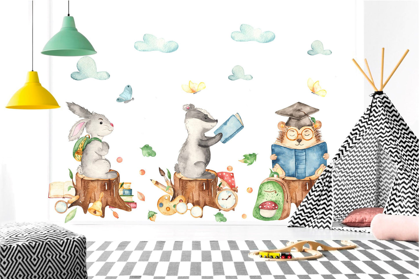 Woodland Scholars Wall Decals: Backpack Bunny, Book-reading Raccoon, Graduated Hedgehog on Stump - BR080