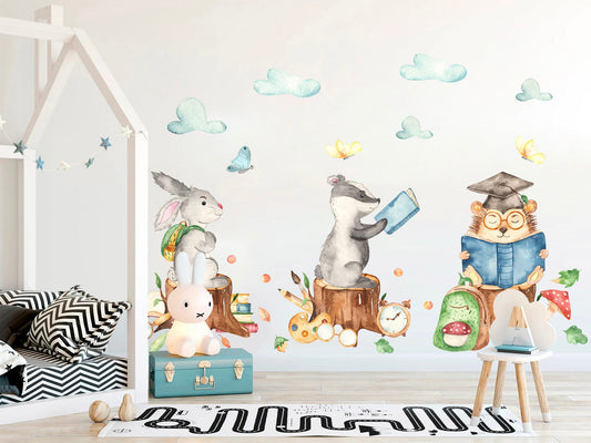 Woodland Scholars Wall Decals: Backpack Bunny, Book-reading Raccoon, Graduated Hedgehog on Stump - BR080