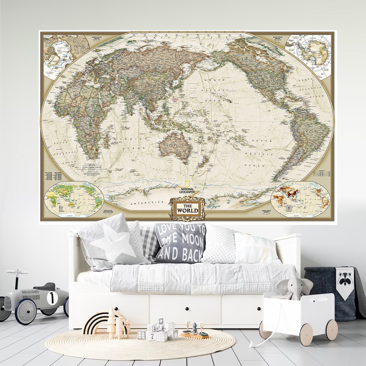 Vintage World Map Fabric Wallpaper Peel and Stick - Printed Wall Murals - Removable Wall Paper - WM002