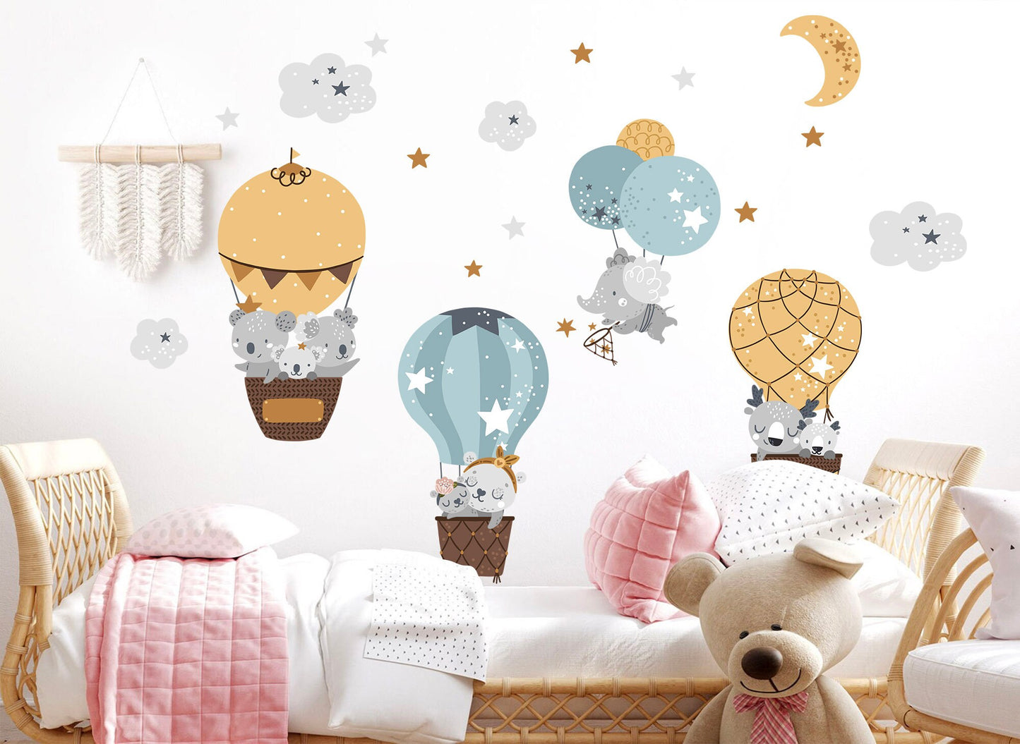 Hippo Mom and Baby with Baby Pink & Baby Blue Balloons Wall Decal - BR084