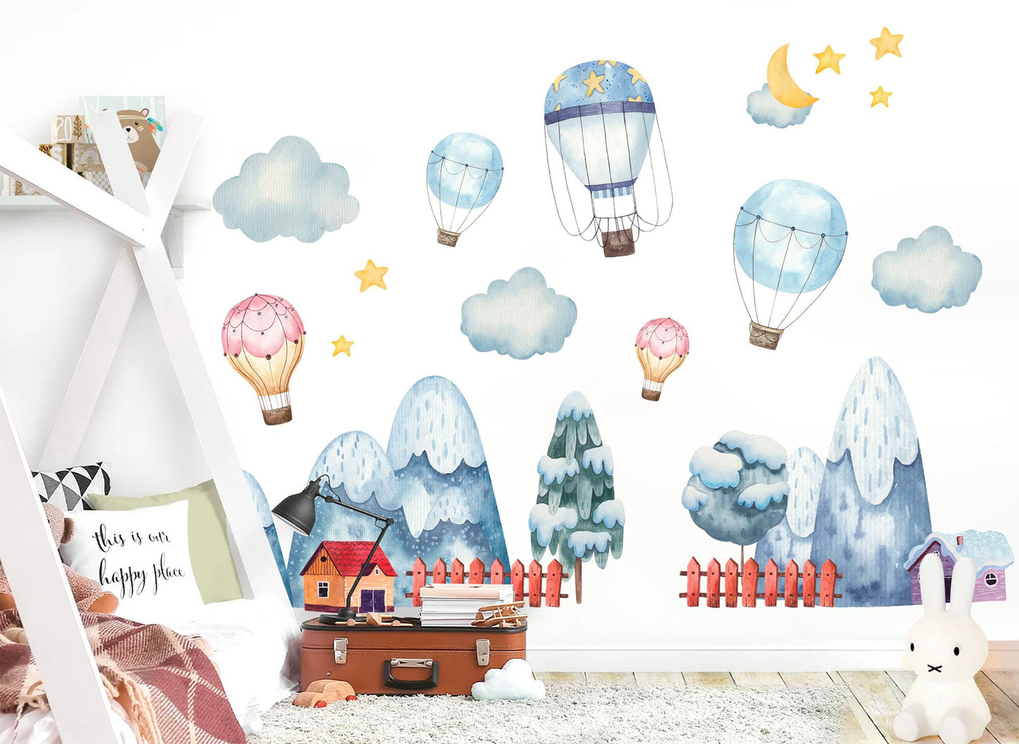 Baby Blue and Baby Pink Hot Air Balloons Over Snowy Mountains, Pine Forest, and Clouds Wall Decal - BR086