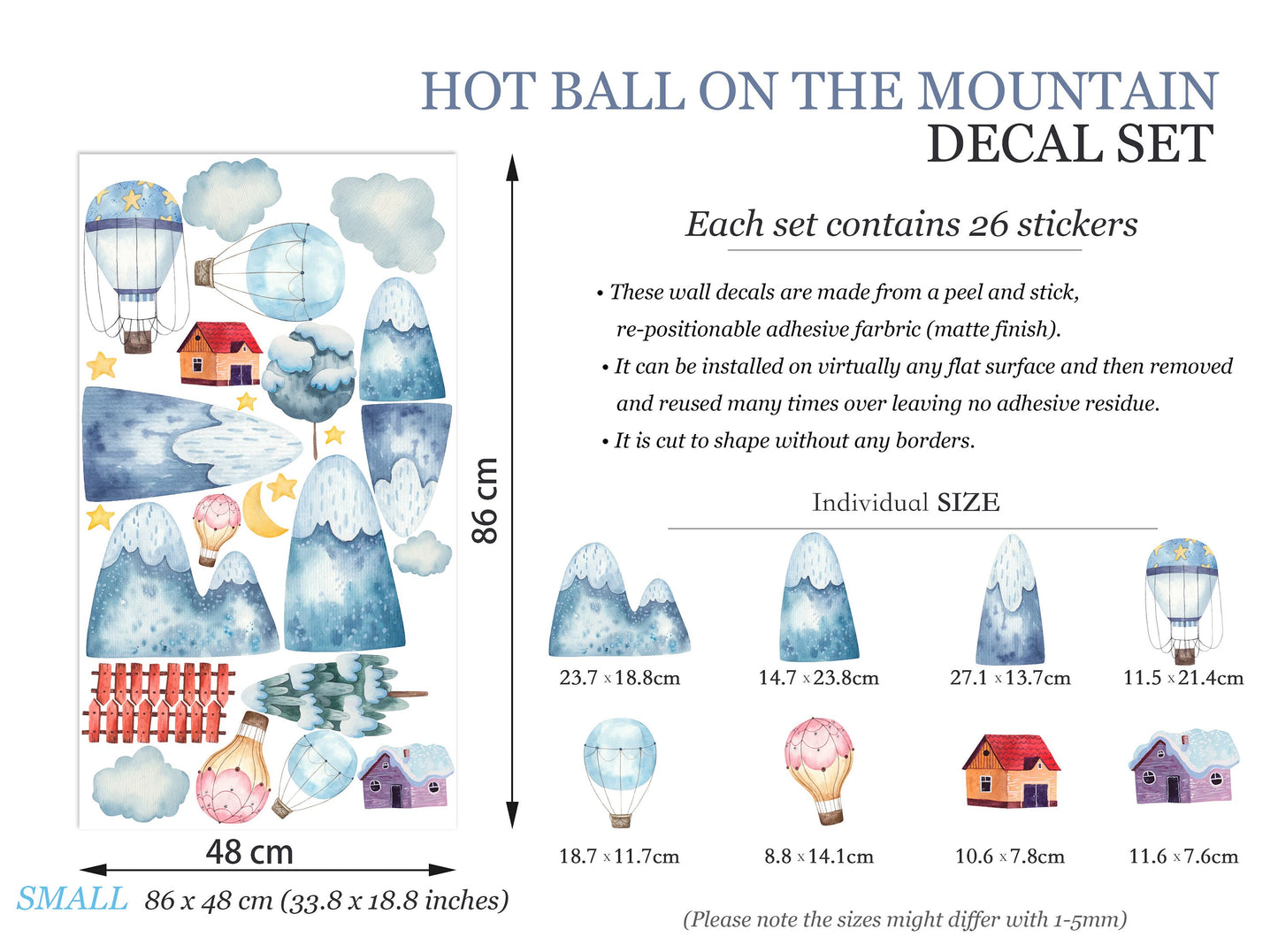 Baby Blue and Baby Pink Hot Air Balloons Over Snowy Mountains, Pine Forest, and Clouds Wall Decal - BR086