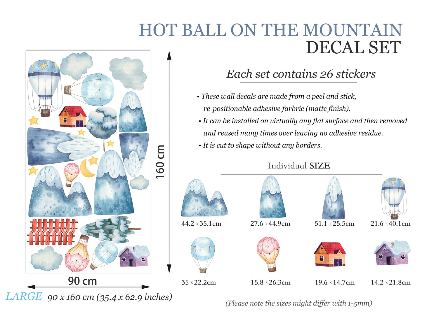 Baby Blue and Baby Pink Hot Air Balloons Over Snowy Mountains, Pine Forest, and Clouds Wall Decal - BR086