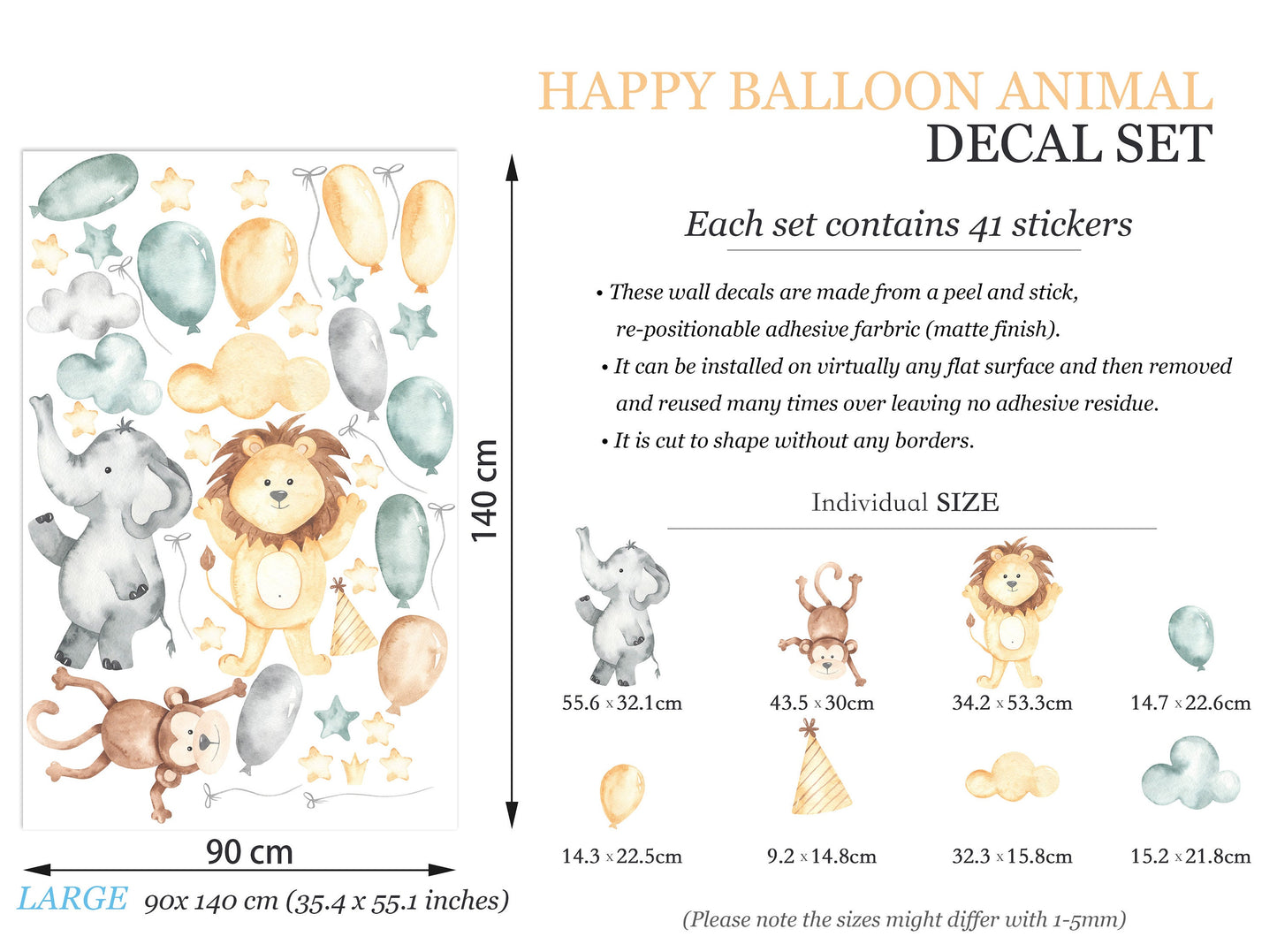 Adventurous Animal Trio Flying with Balloons in Starry Sky Wall Decal - BR087
