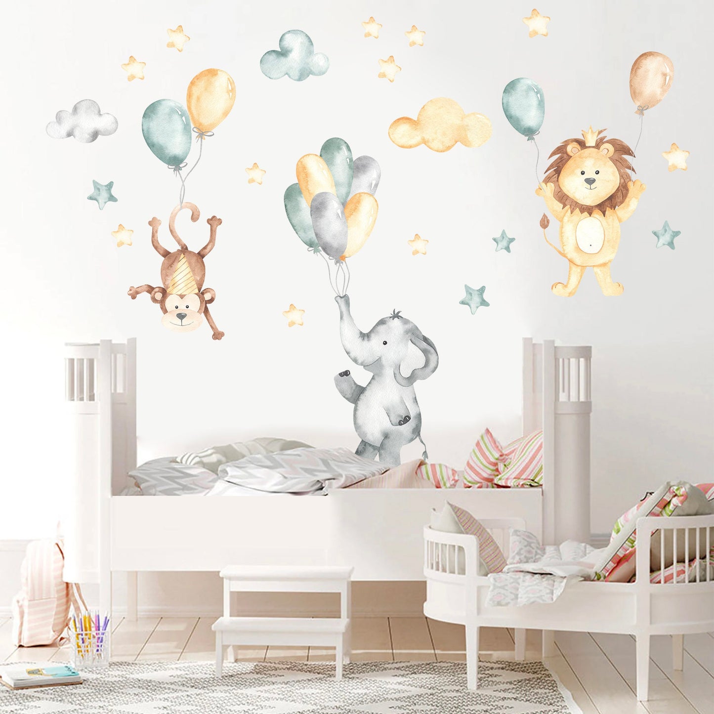 Adventurous Animal Trio Flying with Balloons in Starry Sky Wall Decal - BR087