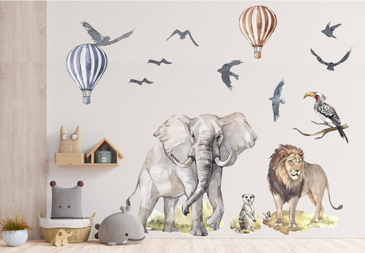 African Savanna Wildlife Wall Decal - Lions Elephants Eagles and Hot Air Balloons - BR106