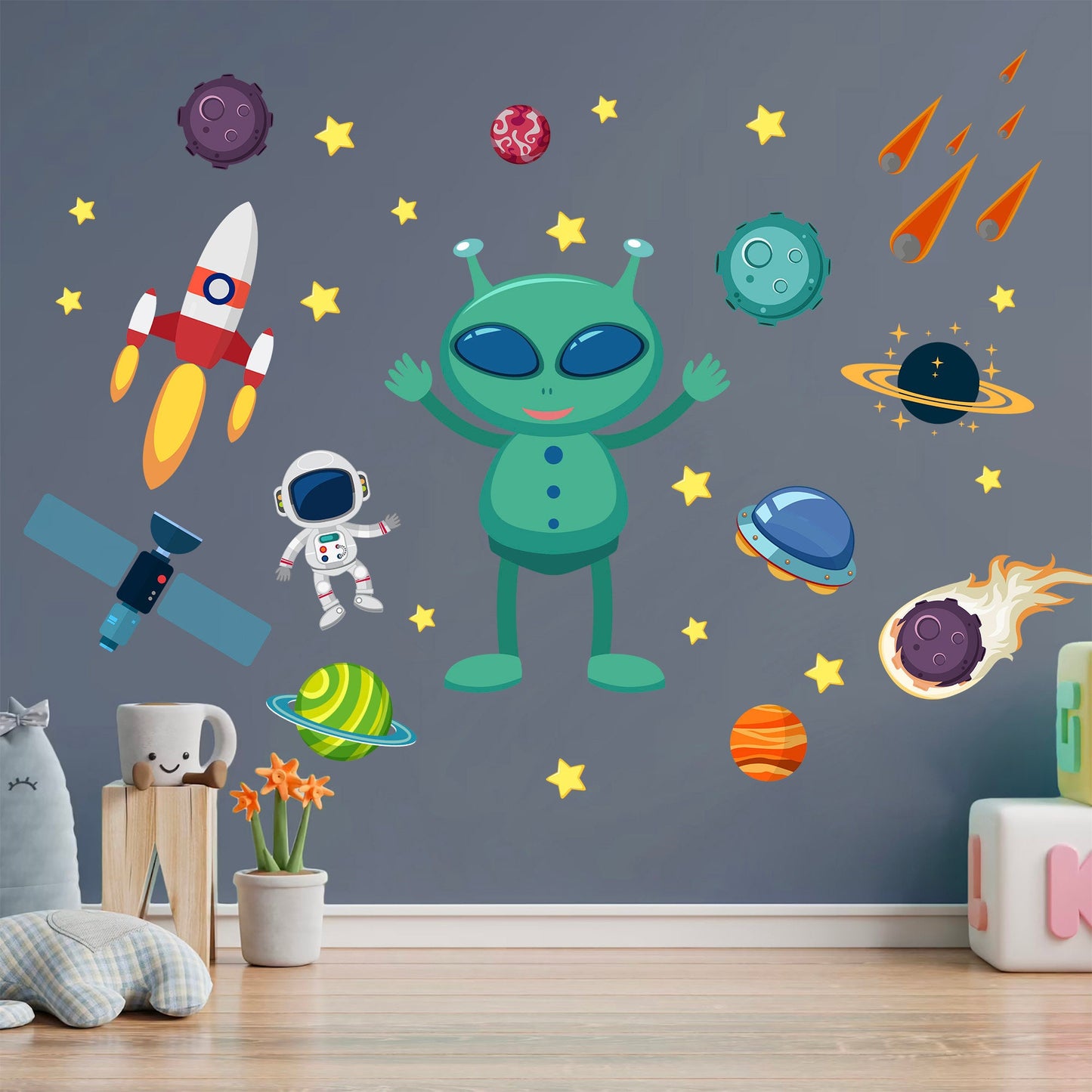 Alien Adventure Wall Decals: Astronauts, Planets, Rockets, UFOs, Satellites, Comets - BR078