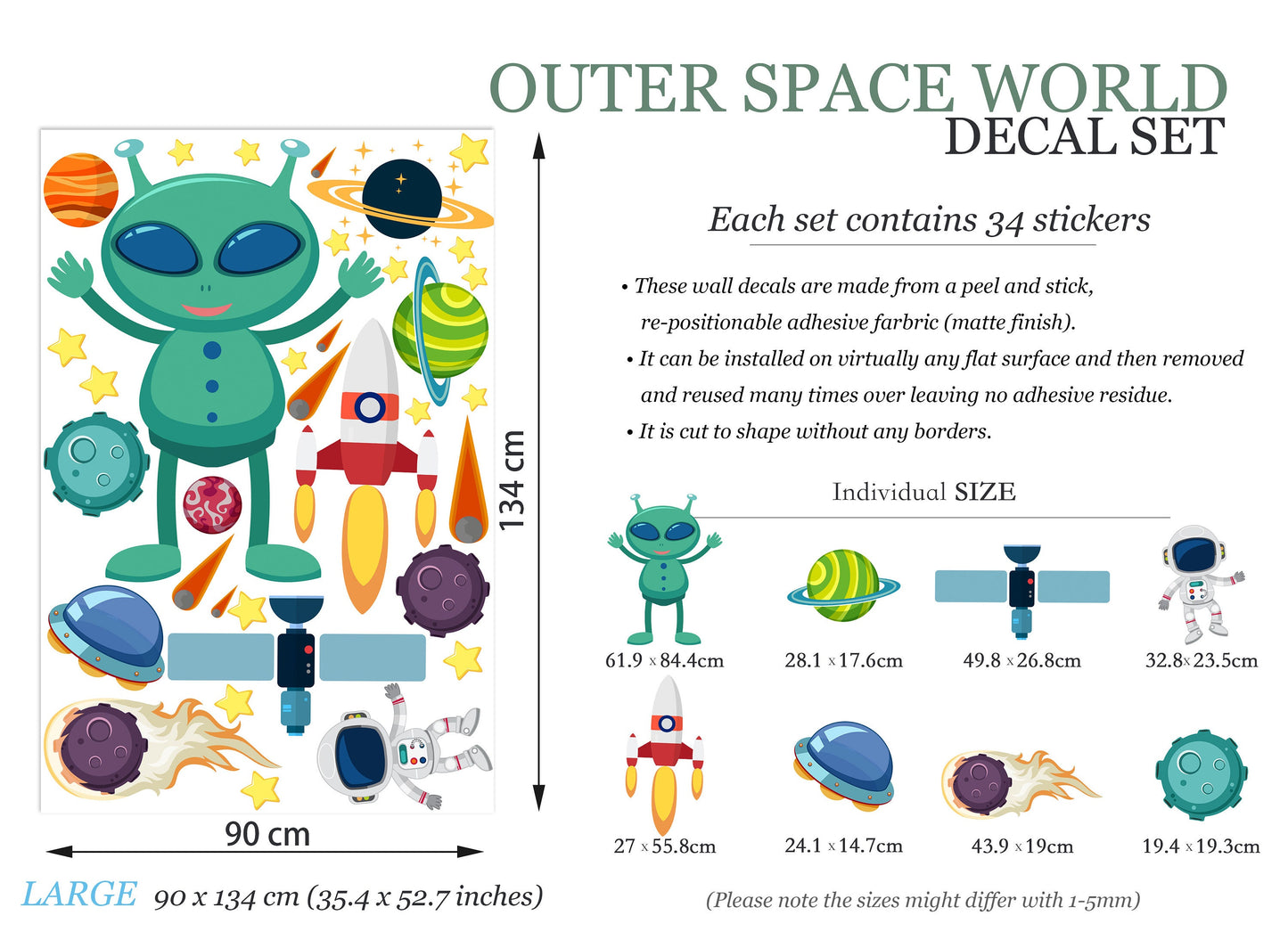 Alien Adventure Wall Decals: Astronauts, Planets, Rockets, UFOs, Satellites, Comets - BR078