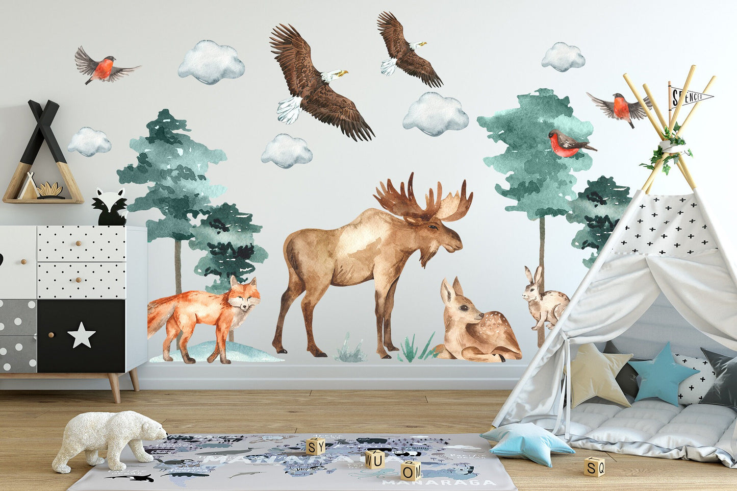 Forest Friends Wall Decal: Moose, Fox, Deer, Rabbit, Eagle, Bird in Woods - BR094