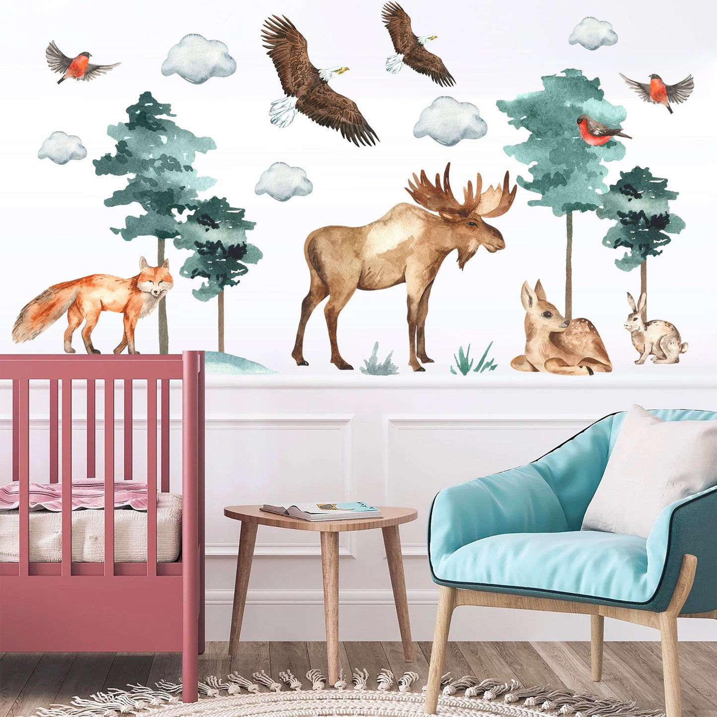 Forest Friends Wall Decal: Moose, Fox, Deer, Rabbit, Eagle, Bird in Woods - BR094
