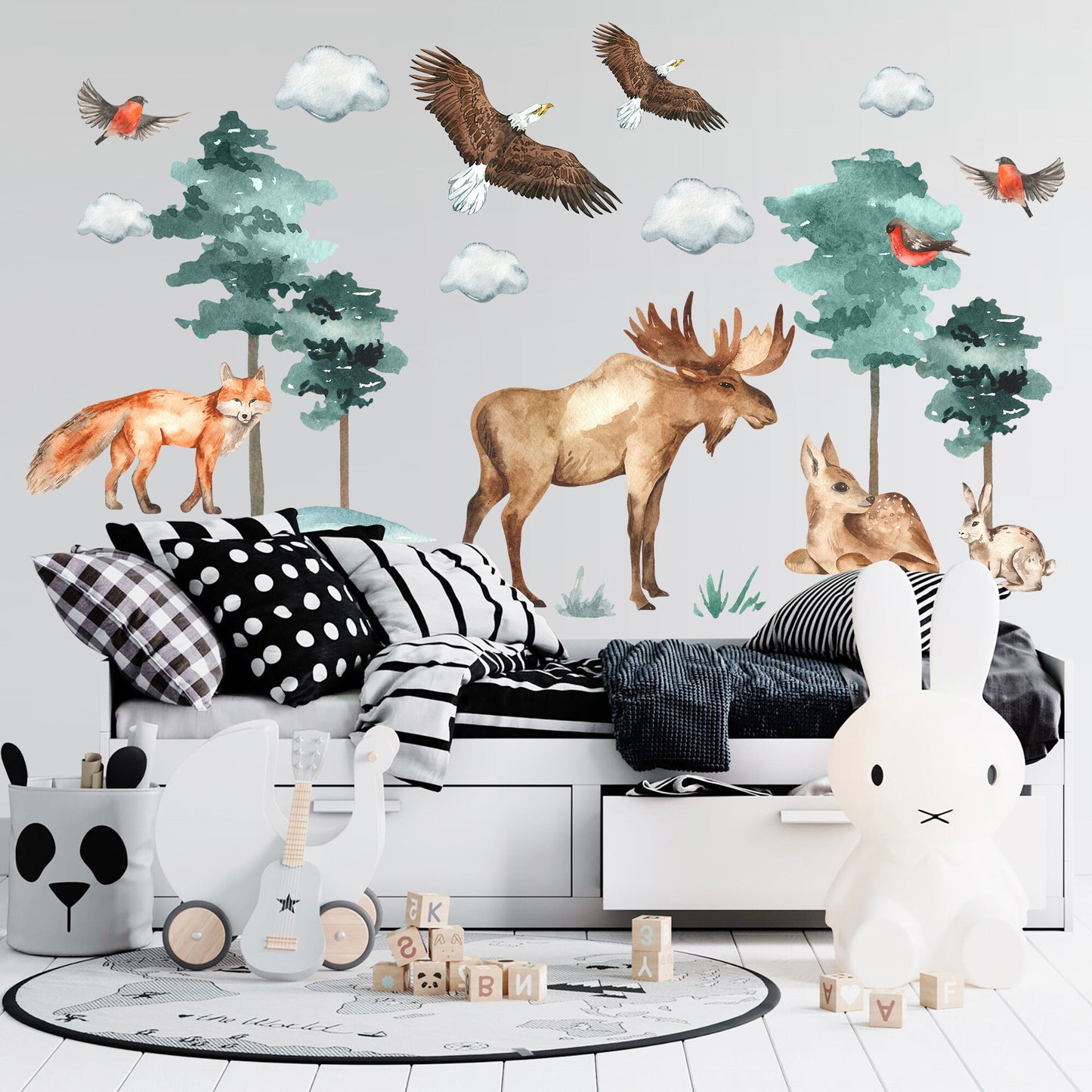Forest Friends Wall Decal: Moose, Fox, Deer, Rabbit, Eagle, Bird in Woods - BR094
