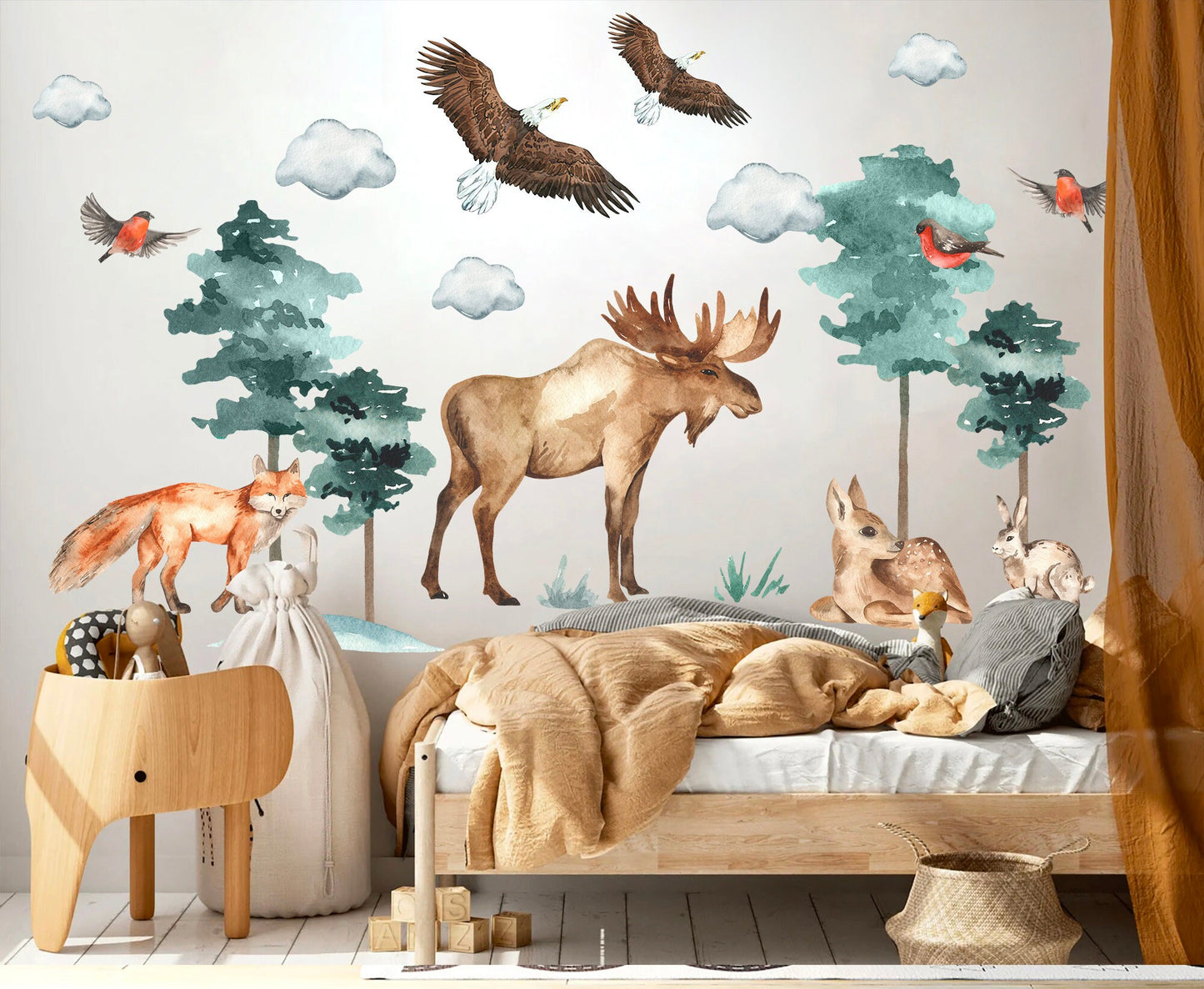 Forest Friends Wall Decal: Moose, Fox, Deer, Rabbit, Eagle, Bird in Woods - BR094