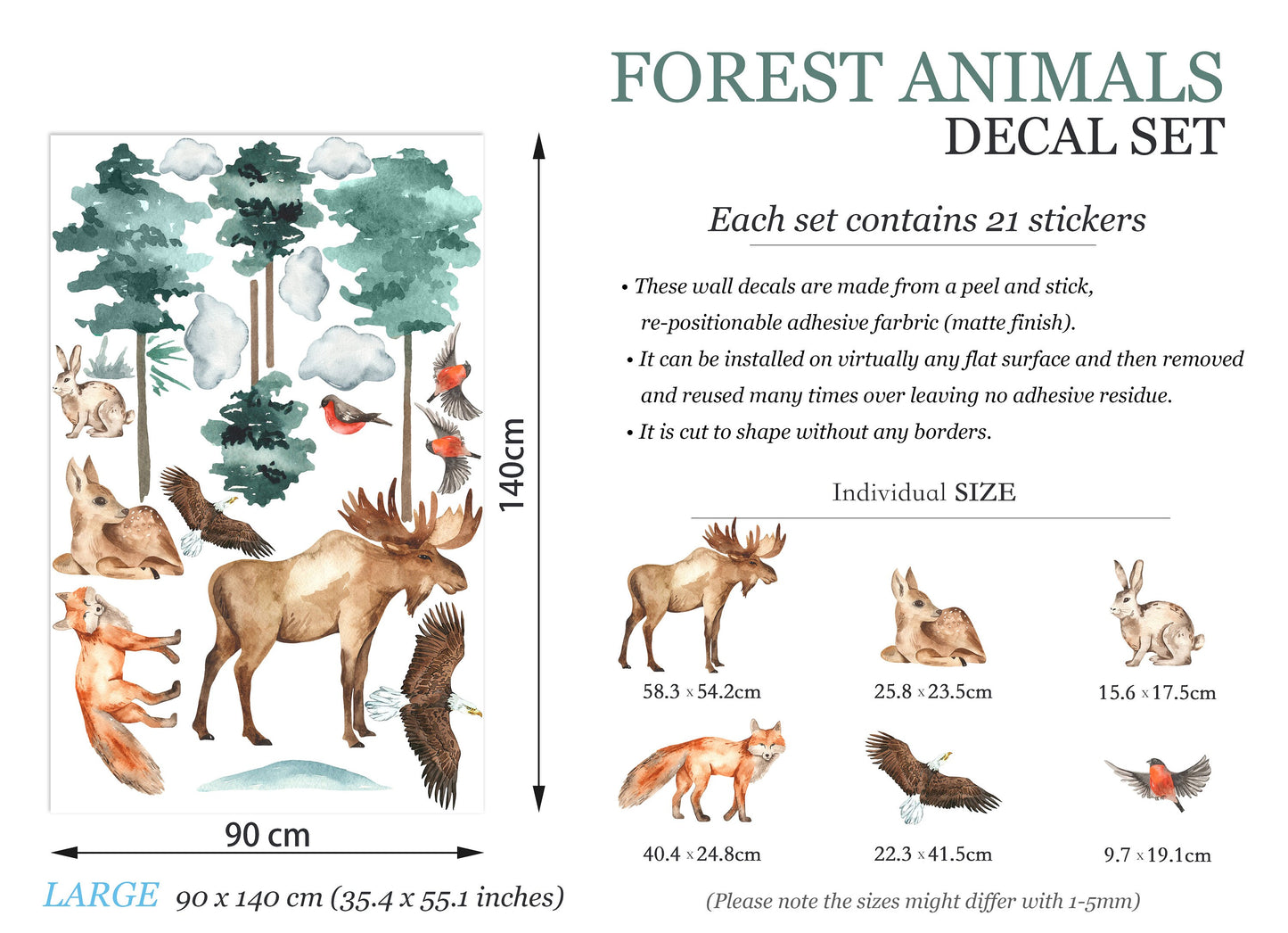 Forest Friends Wall Decal: Moose, Fox, Deer, Rabbit, Eagle, Bird in Woods - BR094