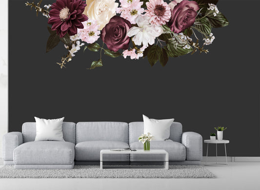 Vintage Burgundy Floral Wall Decal Set - Peony Rose Fabric Sticker for Room Decor - BR115