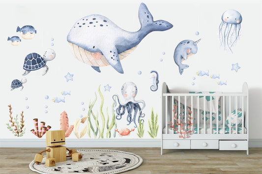 Underwater World Baby Marine Life Wall Decal - Orca Narwhal Sea Turtle Octopus Jellyfish Seahorse Seaweed - BR095