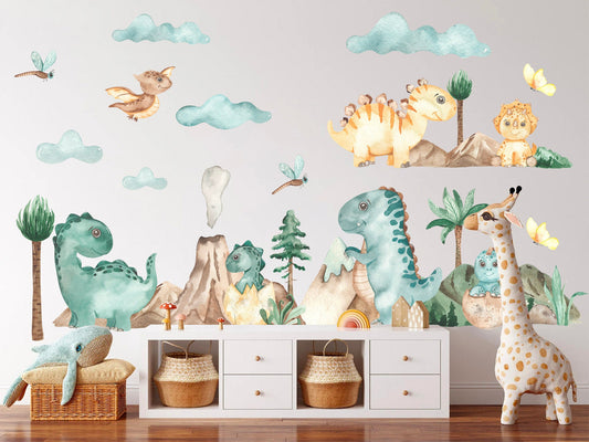 Watercolour Jurassic Park Volcano Wall Decal - Removable Decal for Baby Room - BR096