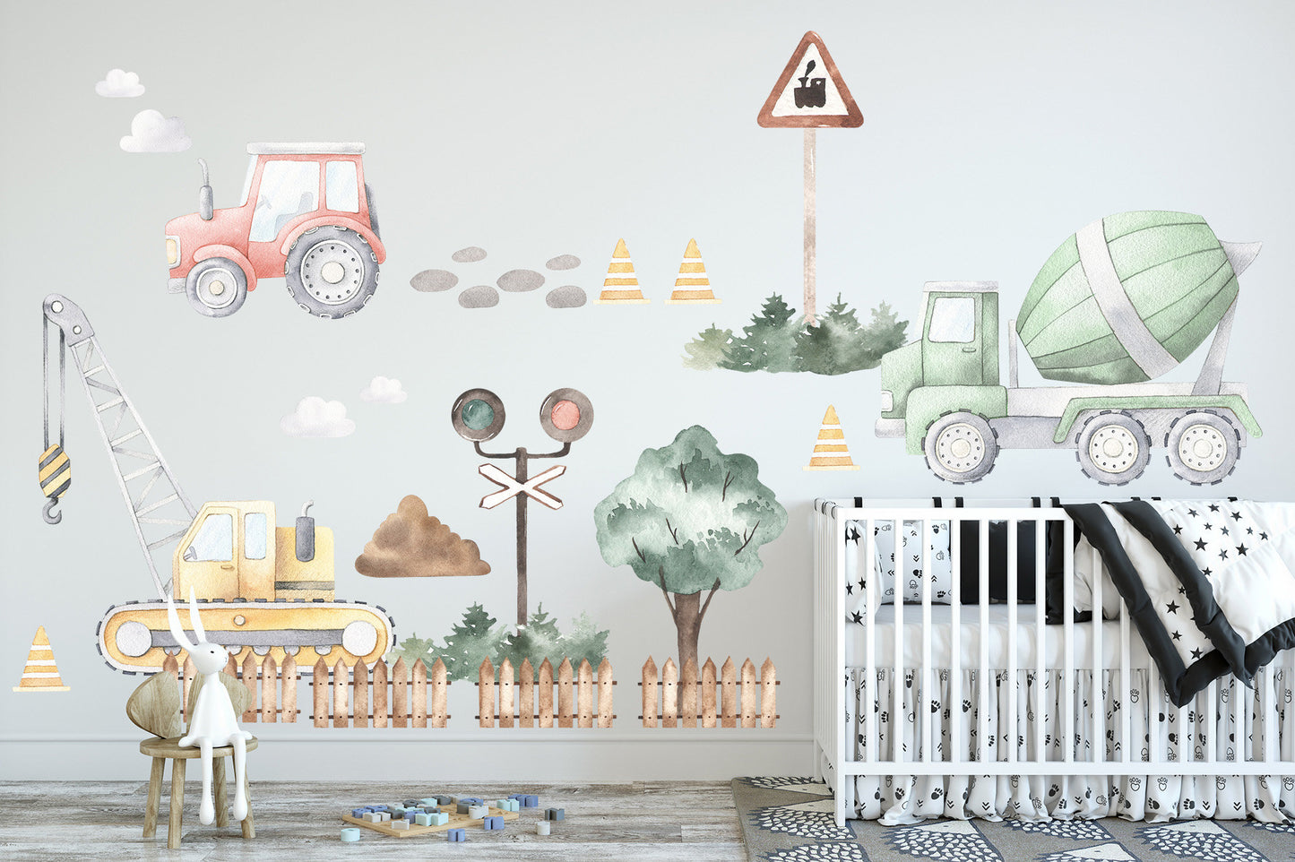 Country Style Construction Trucks Tractors Diggers Removable Wall Decal Boys Room Gift - BR097