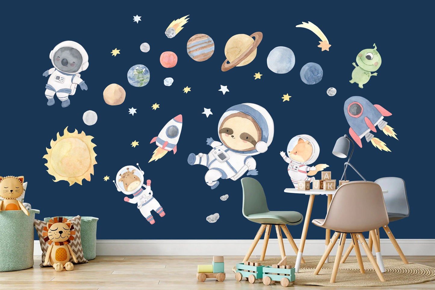 Space Animals Explorer Asteroids Rocket Koala Sloth Giraffe Astronaut Removable Wall Decal - BR120
