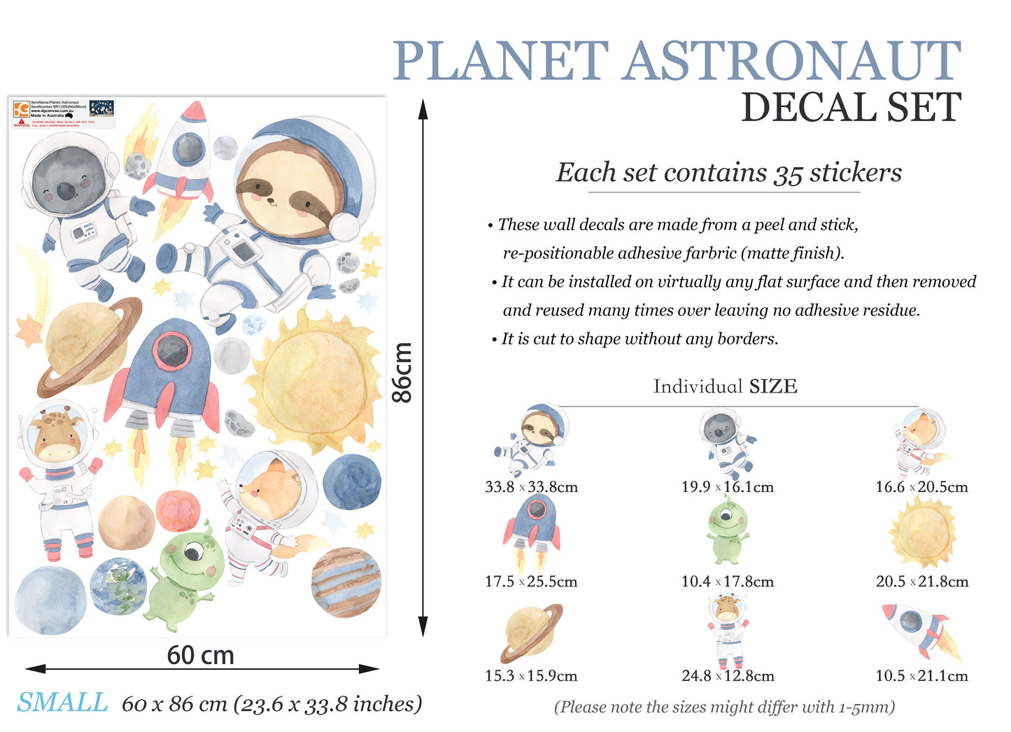 Space Animals Explorer Asteroids Rocket Koala Sloth Giraffe Astronaut Removable Wall Decal - BR120