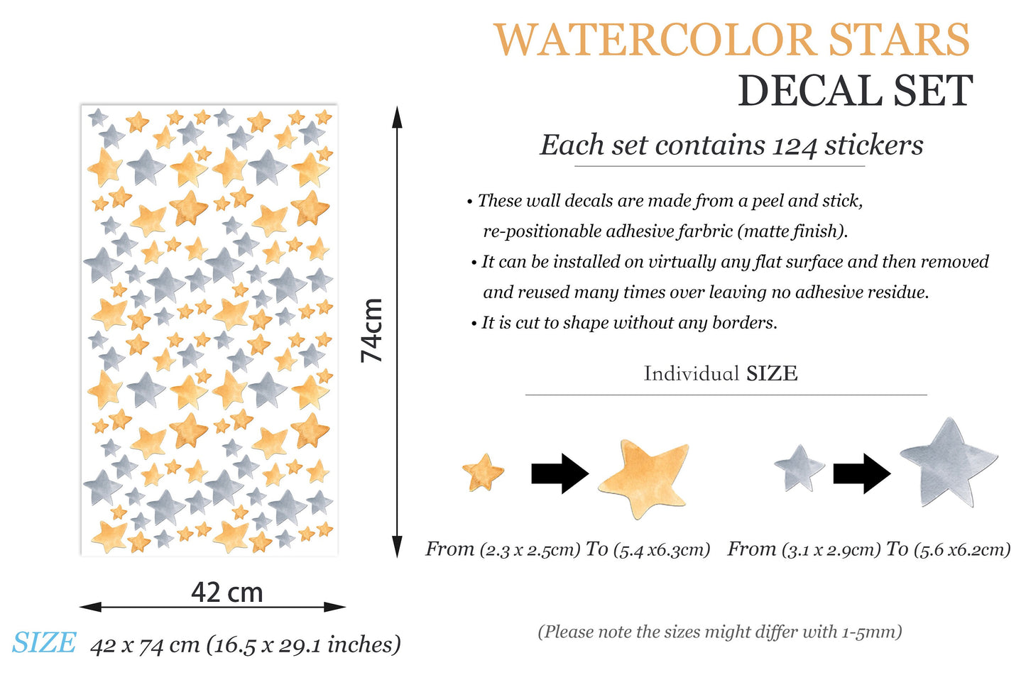 Watercolor Grey & Gold Starry Twinkling Stars Removable Wall Decal - BR123