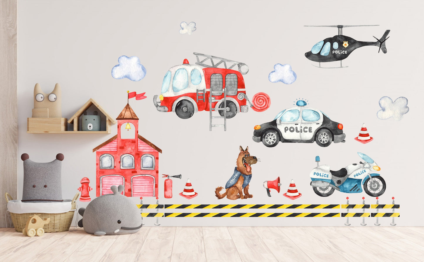 Emergency Services Fire Truck Police Car Helicopter Removable Wall Decal Boys Gift Decor - BR122