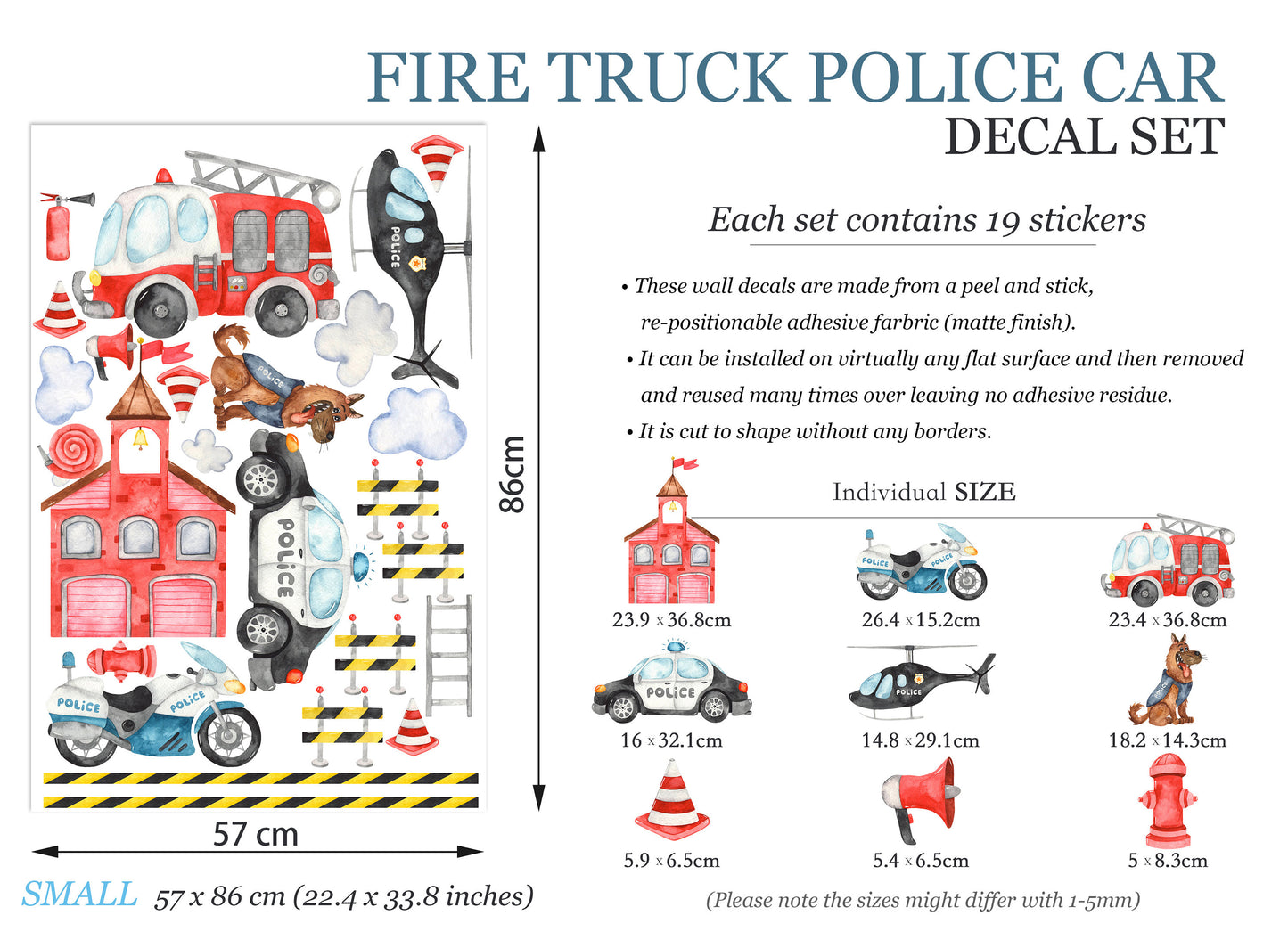 Emergency Services Fire Truck Police Car Helicopter Removable Wall Decal Boys Gift Decor - BR122