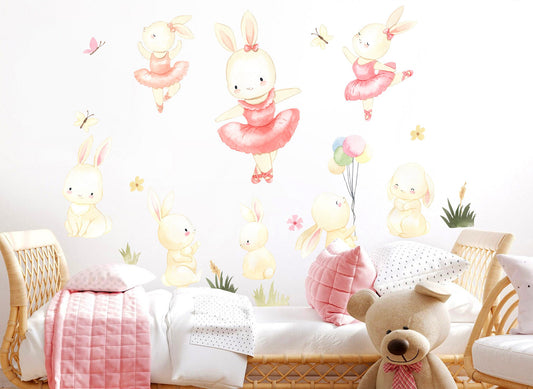 Enchanting Bunny Ballet Wall Sticker - Pink-Dressed Bunnies Dancing Amongst Floral Delights & Balloons - BR126S