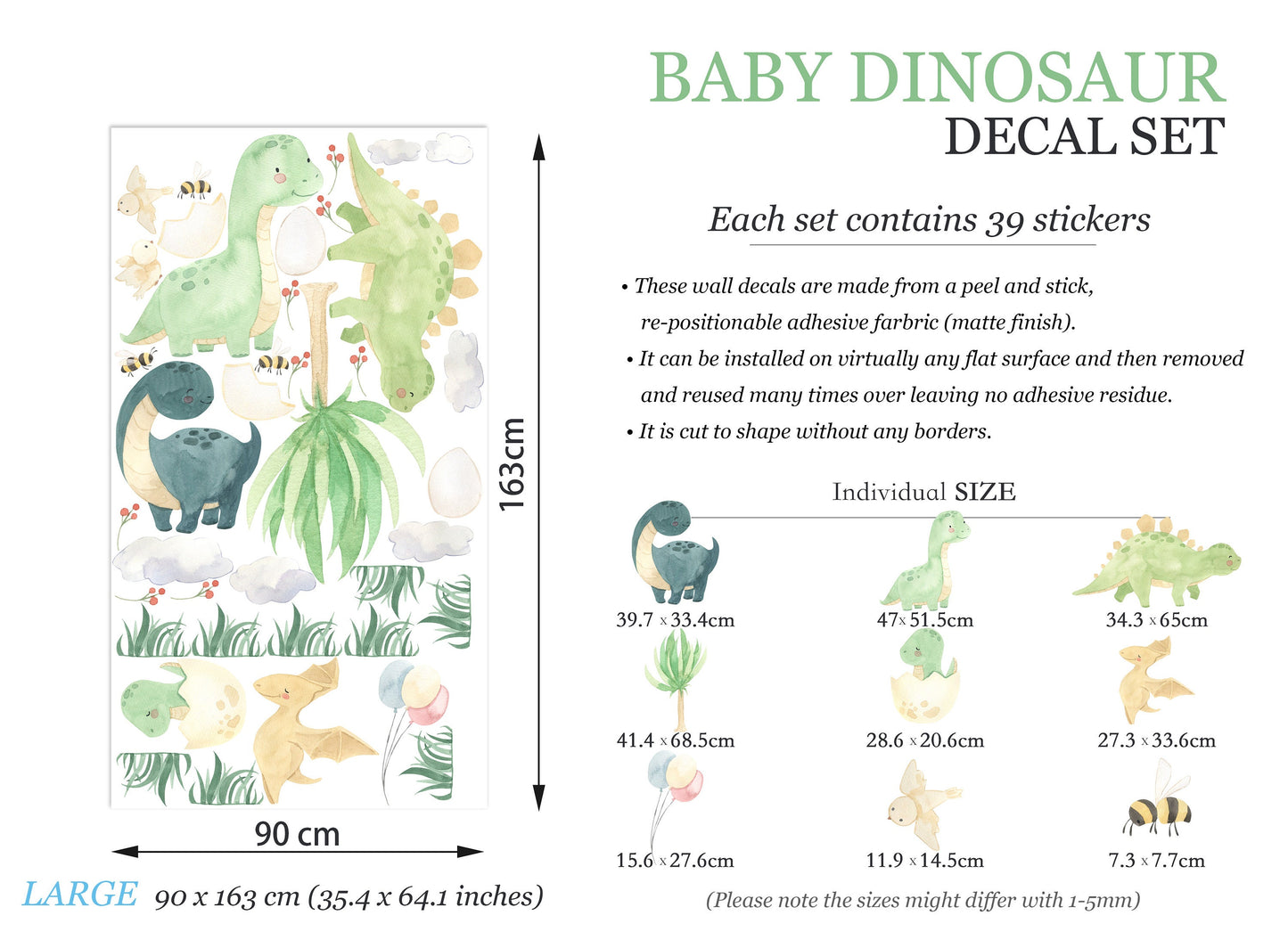 Watercolor Dinosaurs with Bee and Bird Jurassic Park Removable Wall Decal - Boy's Gift - BR127