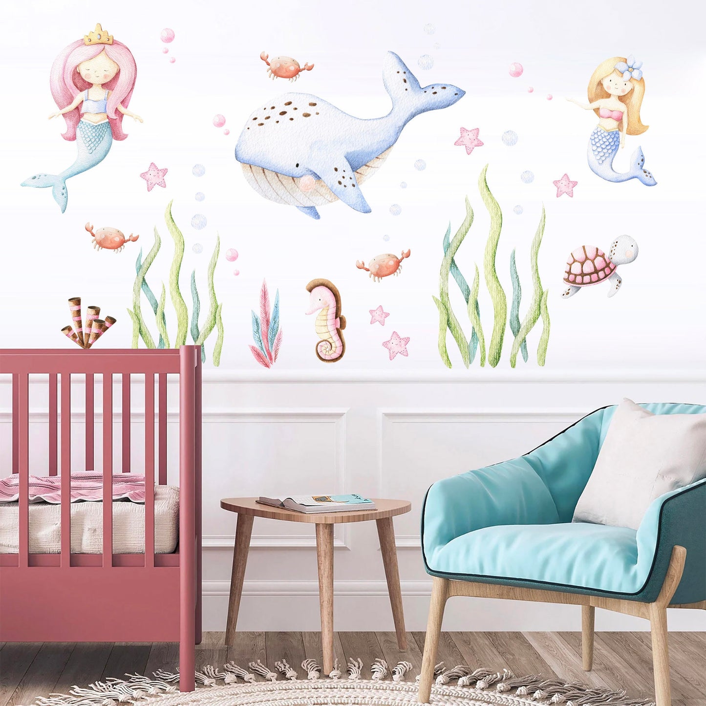 Undersea Wonderland Wall Decal - Whale Mermaid Seahorse and Seaweeds Playful Scene for Kids Room Decor - BR101